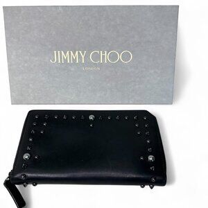 Jimmy Choo Long Black Leather Studded Zip Wallet with Box